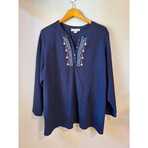 Woman Within Henley Top Women 3X Navy Blue Floral Embroidered Waffle Knit